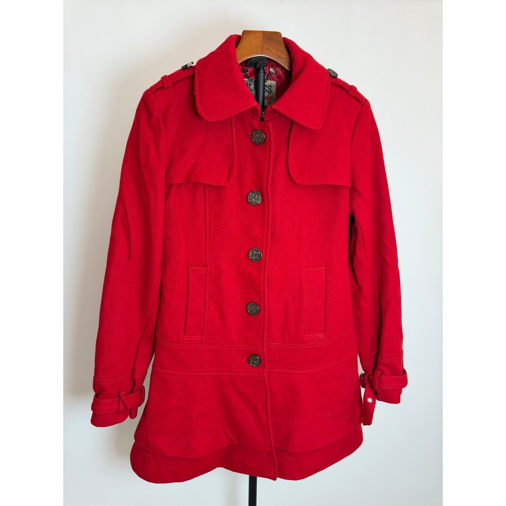 Vintage Guess Los Angeles Womens Red Wool Blend Military Pea Coat Jacket Size M